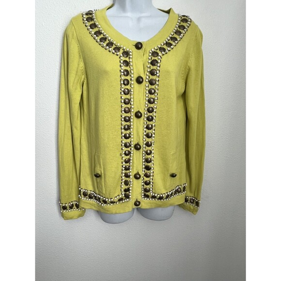 Michael Simon Chartreuse Heavily Beaded Sweater Cardigan Embellished Medium - Picture 1 of 7